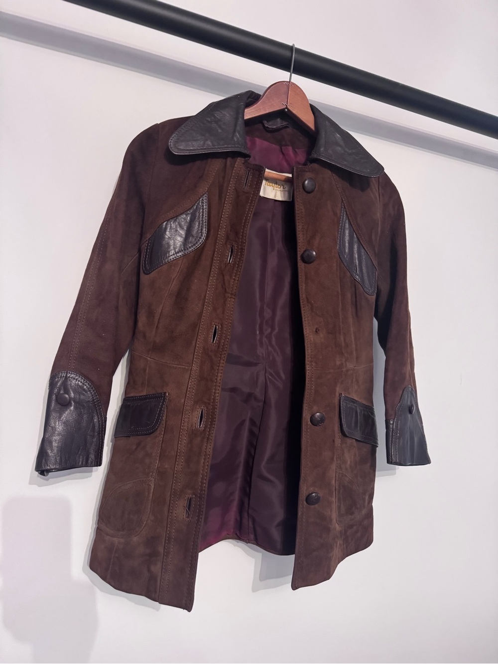 Chic Vintage Taylor Leather & Suede Brown Trench Coat with Dark Trim